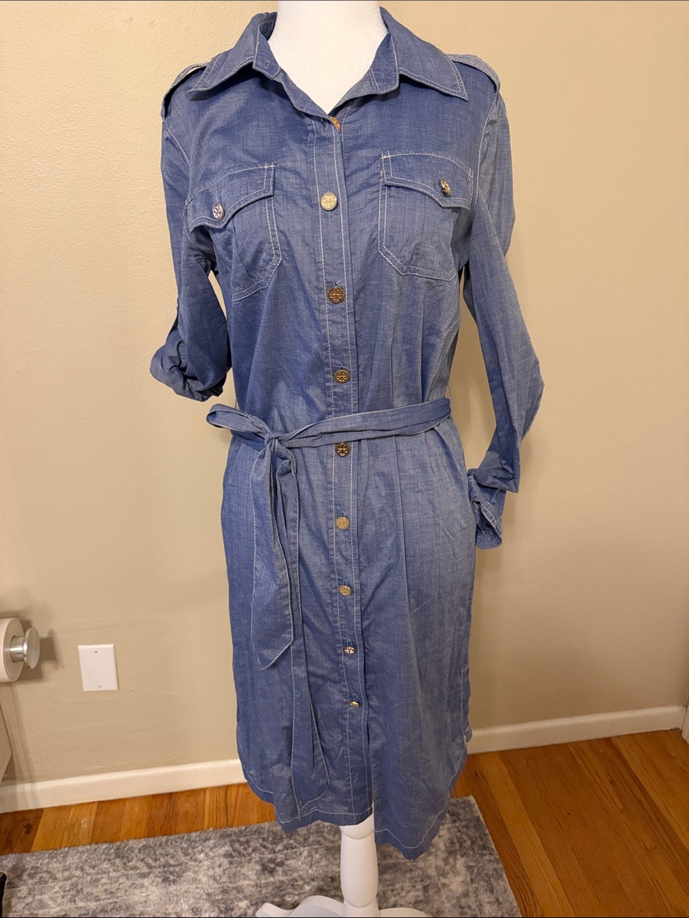 Tory Burch Blue Denim Button-Front Shirt Dress with Tie Waist